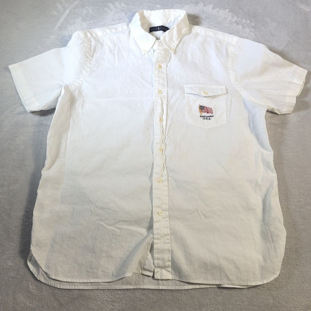 Ralph Lauren Shirt Mens XL White Linen Blend Button Down USA Flag Short Sleeve